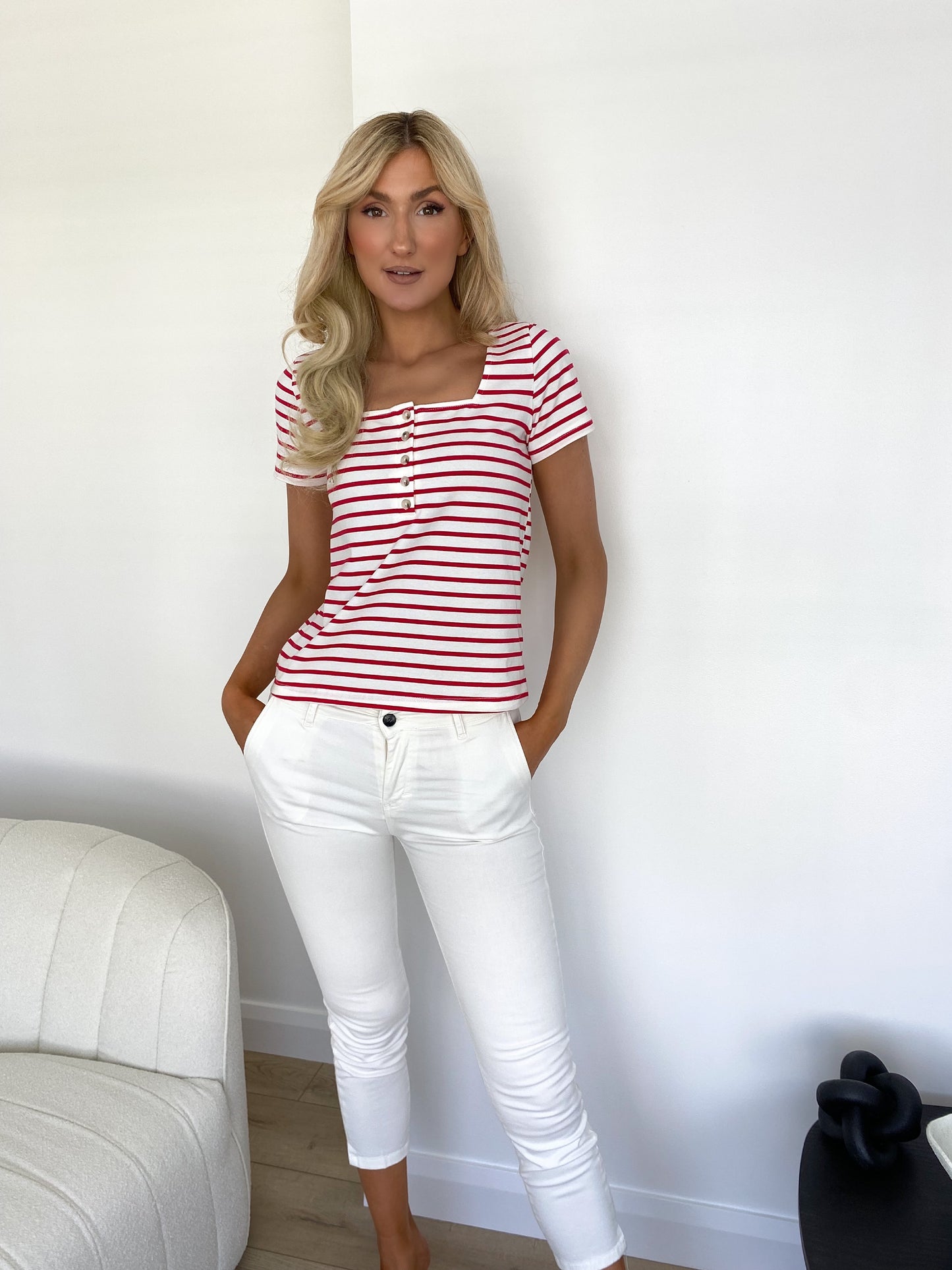 Lorna Striped Buttoned Top - Red
