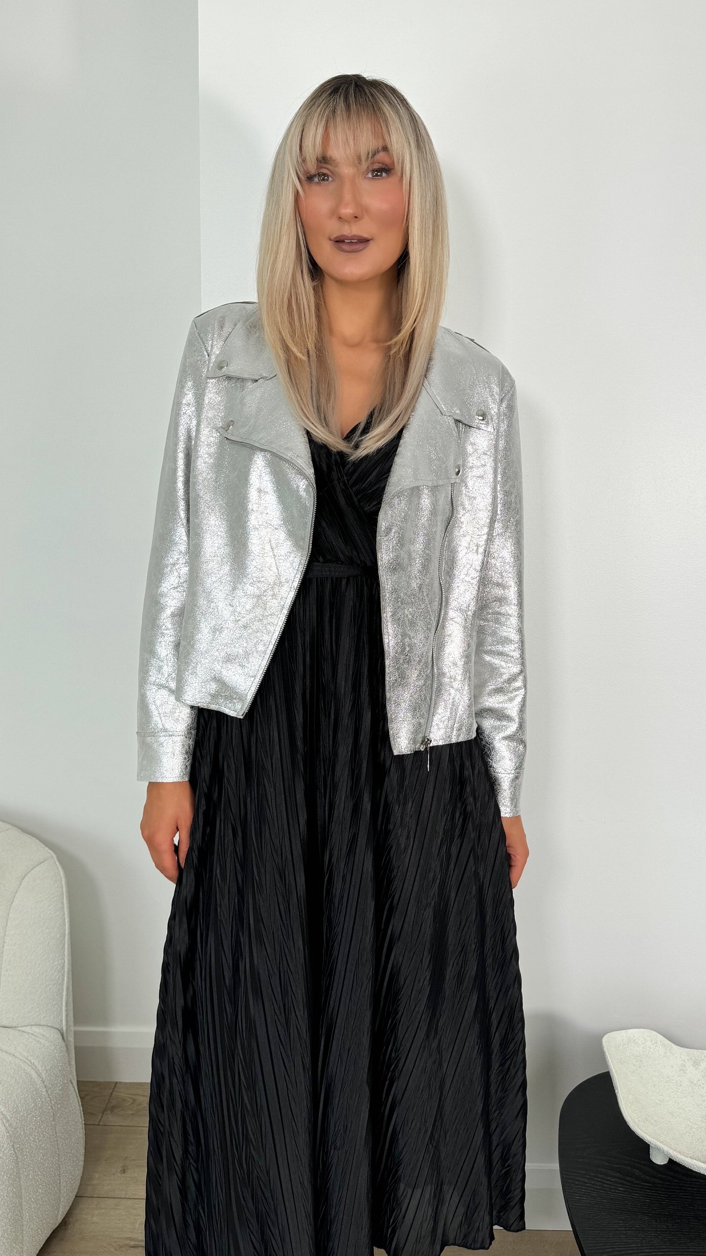 Metallic Faux Leather Jacket with Pockets - Silver