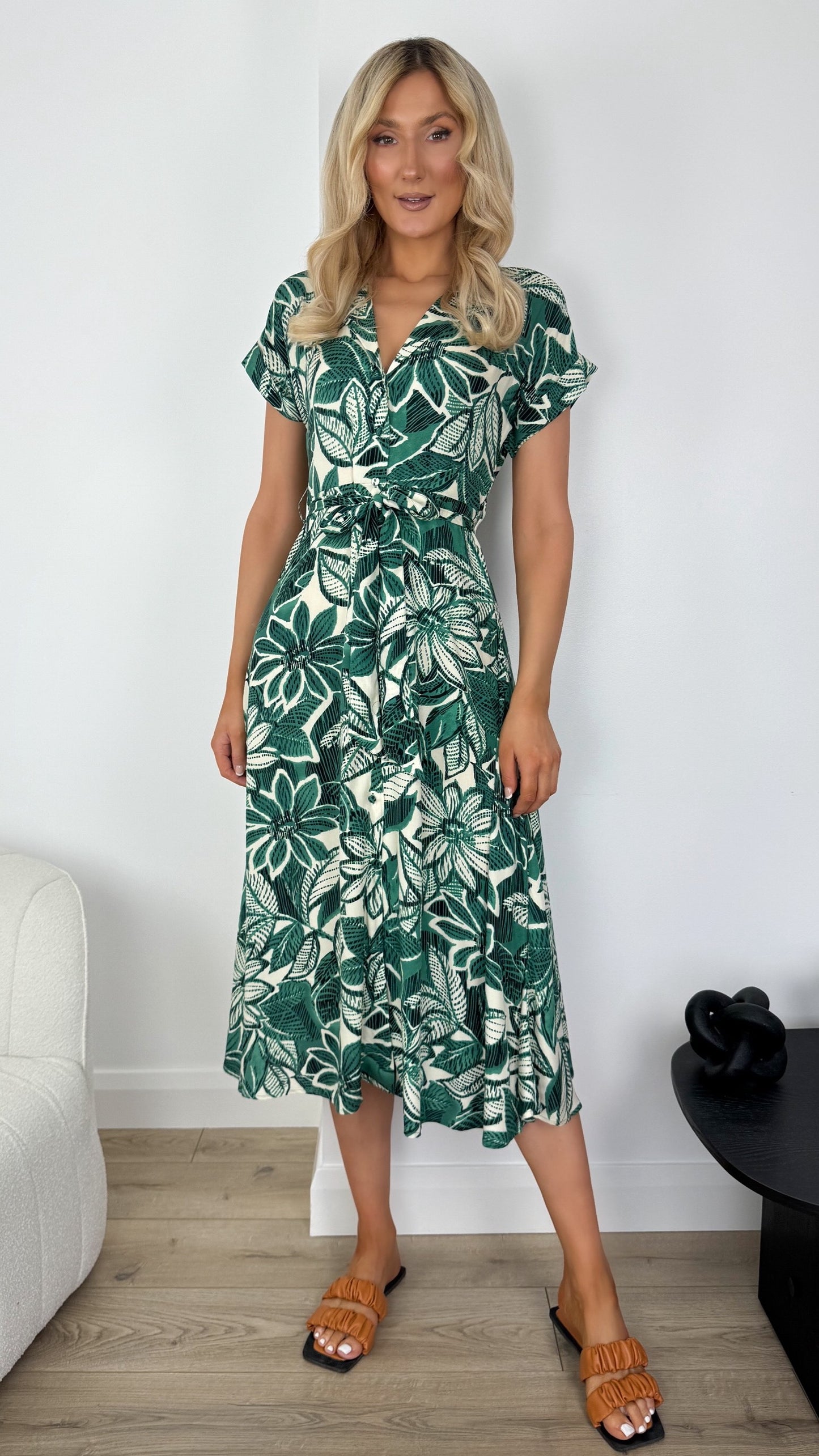 Olivia Floral Shirt Dress - Green and White