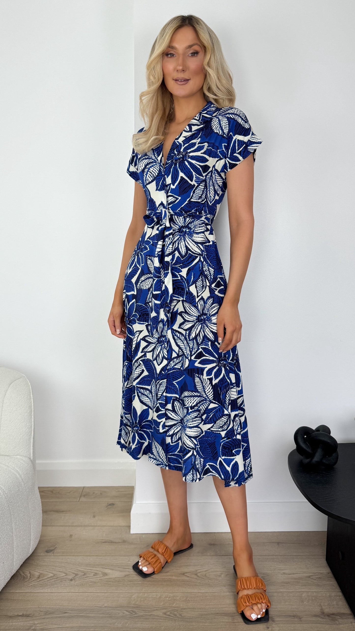 Olivia Floral Shirt Dress - Blue and White