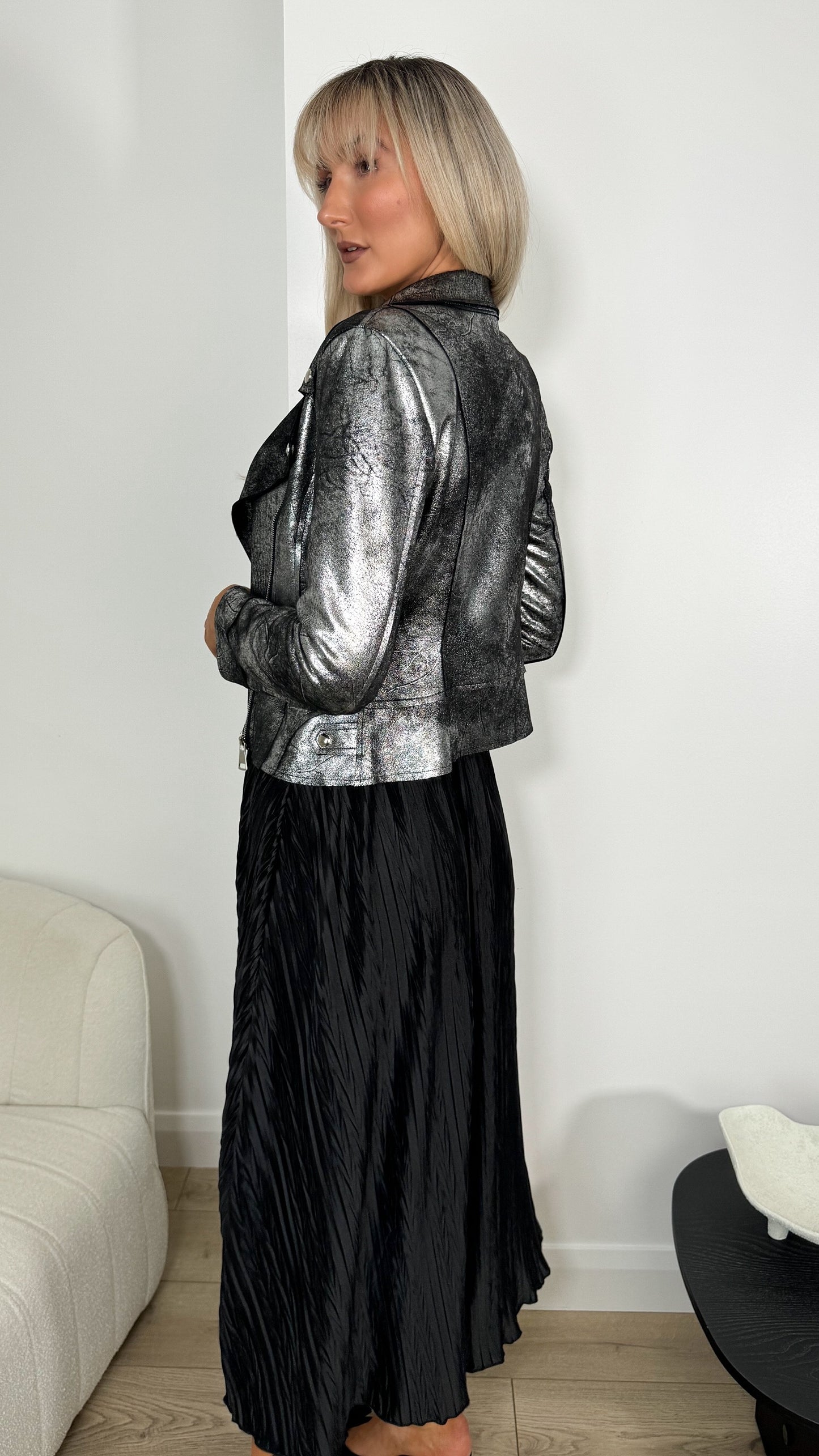 Metallic Faux Leather Jacket with Pockets - Black