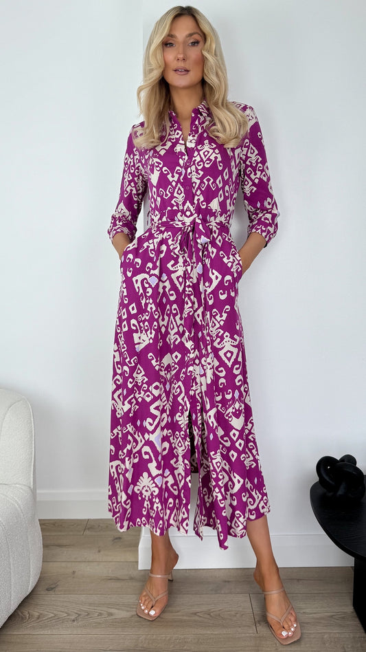 Natalie Maxi Pattern Shirt Dress with Pockets - Purple and White