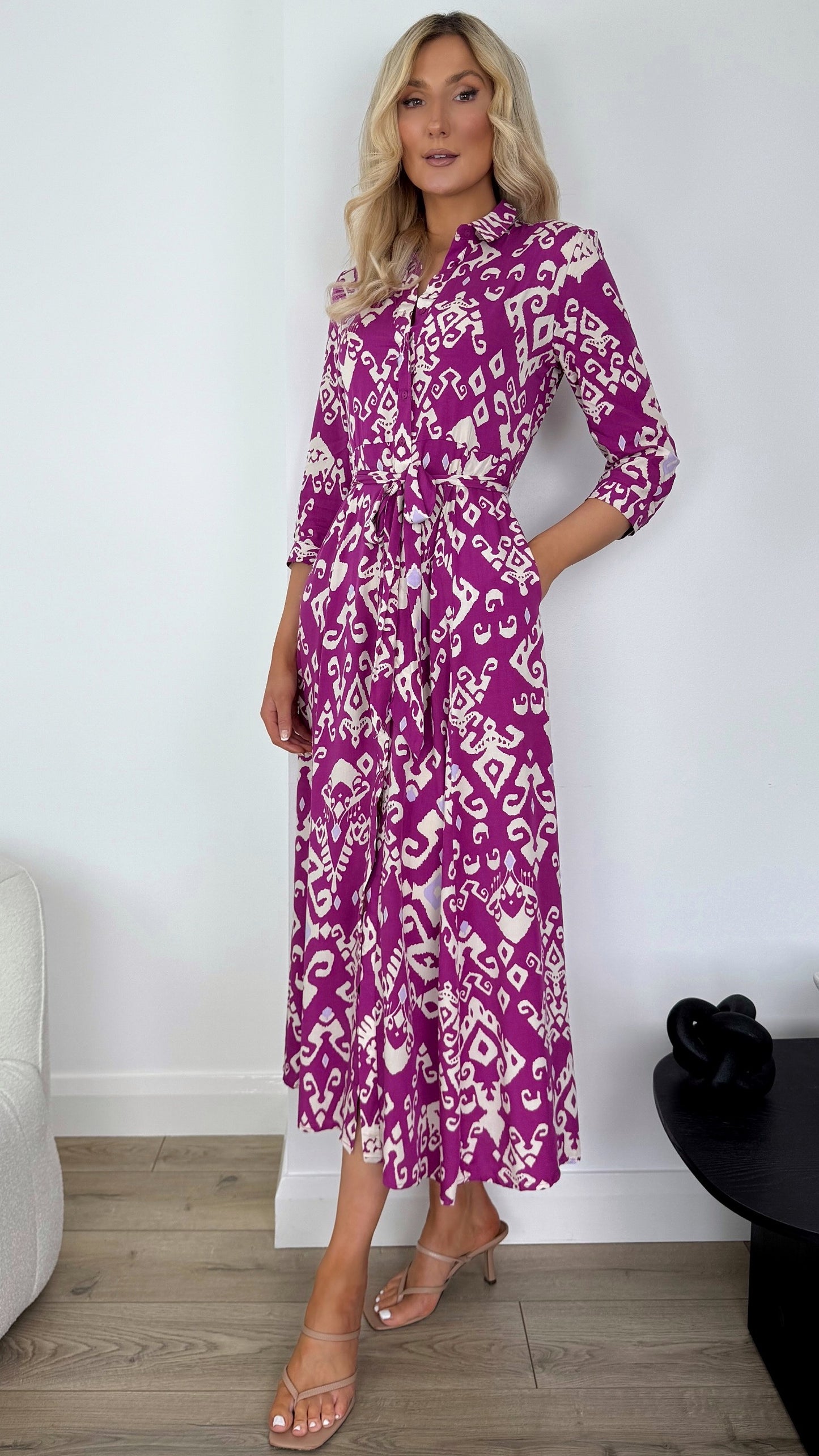 Natalie Maxi Pattern Shirt Dress with Pockets - Purple and White