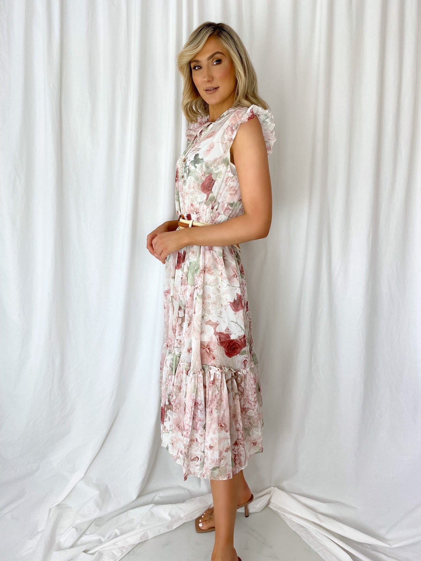 Ross Sleeveless Floral Dress - Beige