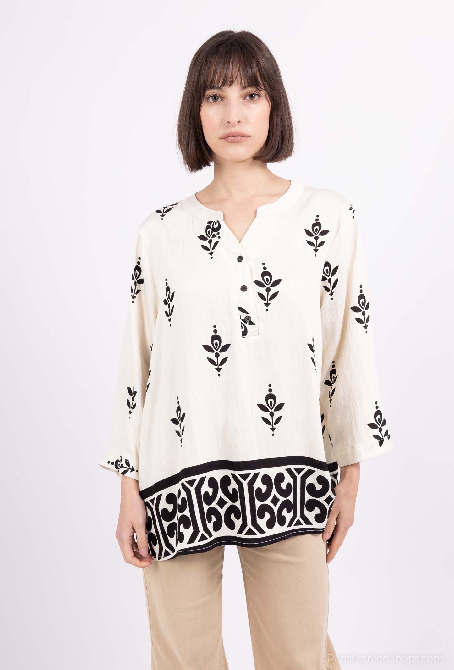 Sheila Printed Tunic Top - Beige and Black