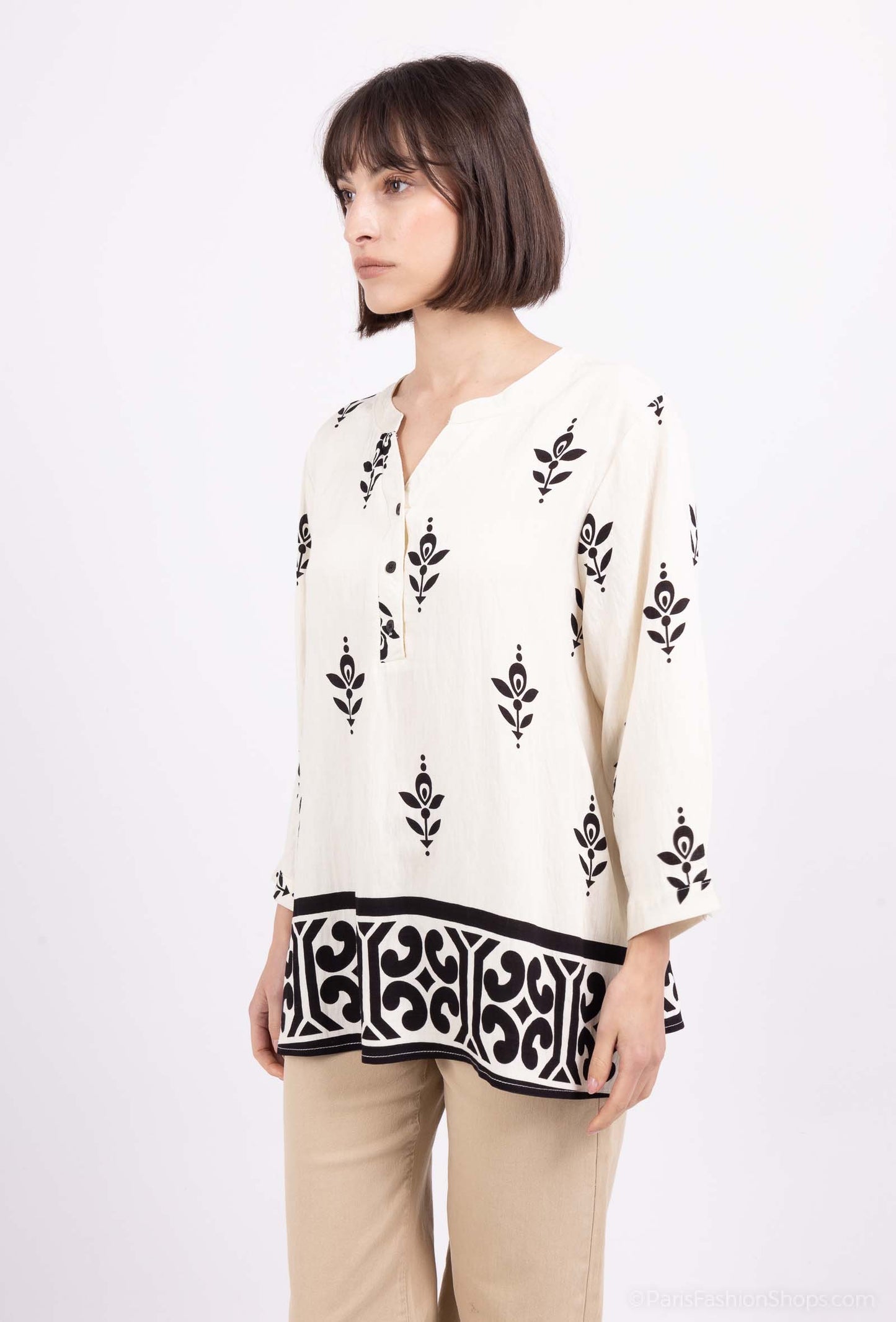 Sheila Printed Tunic Top - Beige and Black