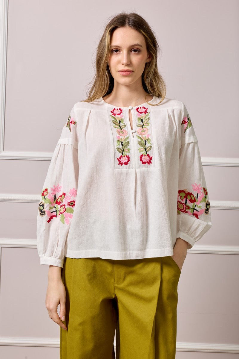 Carmel TunicTop with Floral Embroidered Details - White
