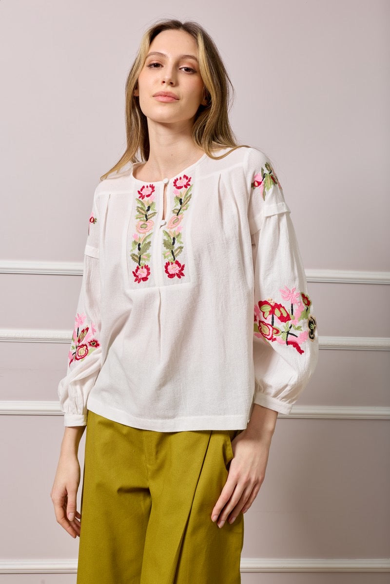 Carmel TunicTop with Floral Embroidered Details - White