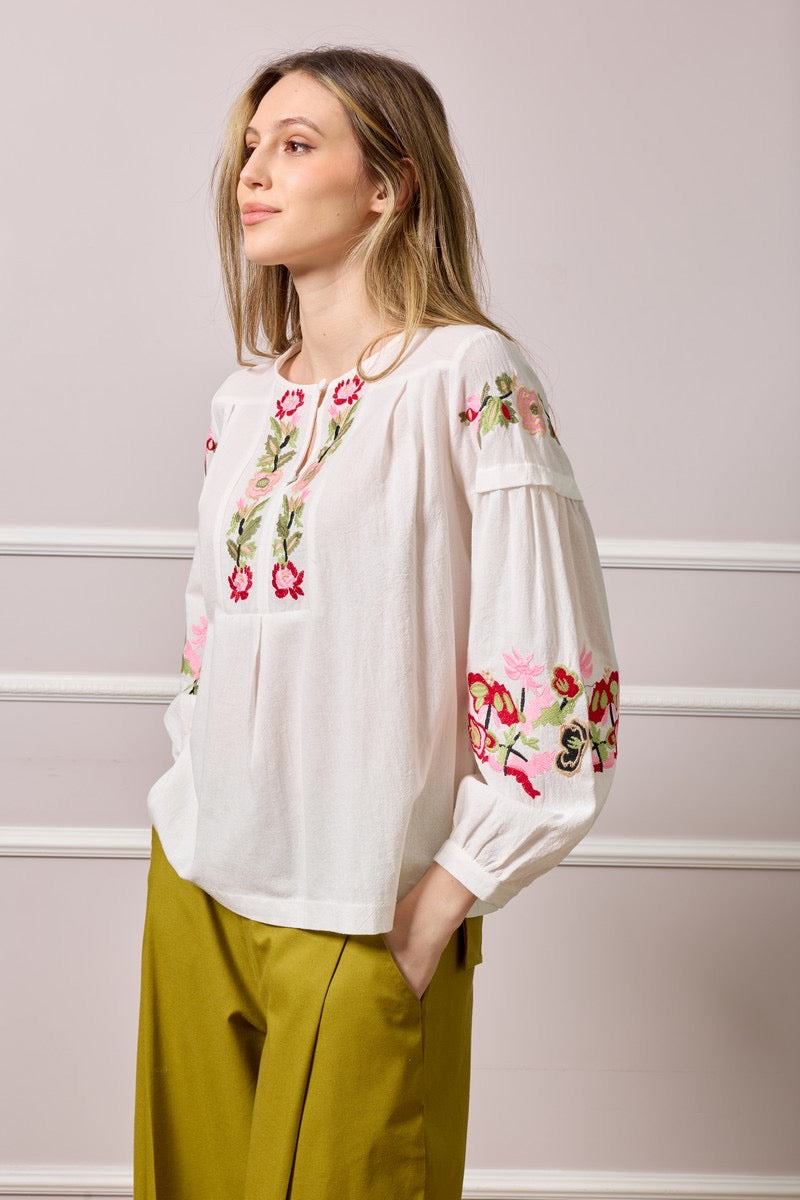Carmel TunicTop with Floral Embroidered Details - White