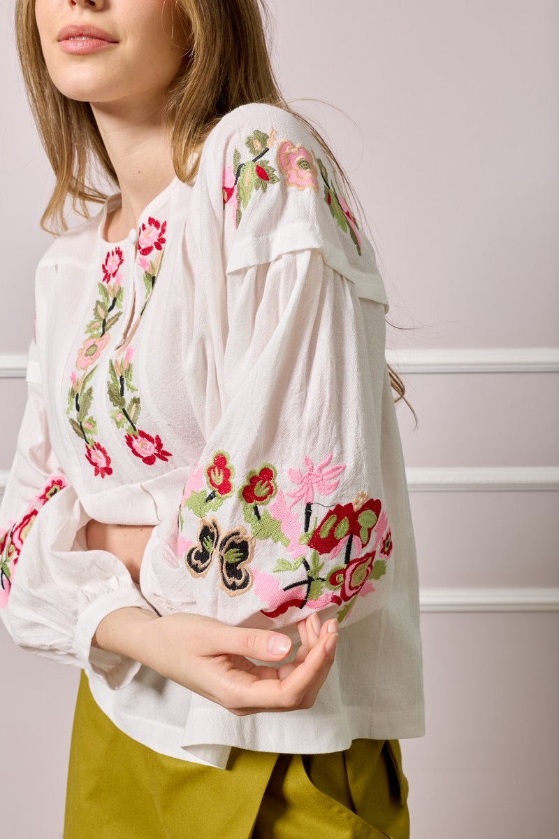 Carmel TunicTop with Floral Embroidered Details - White