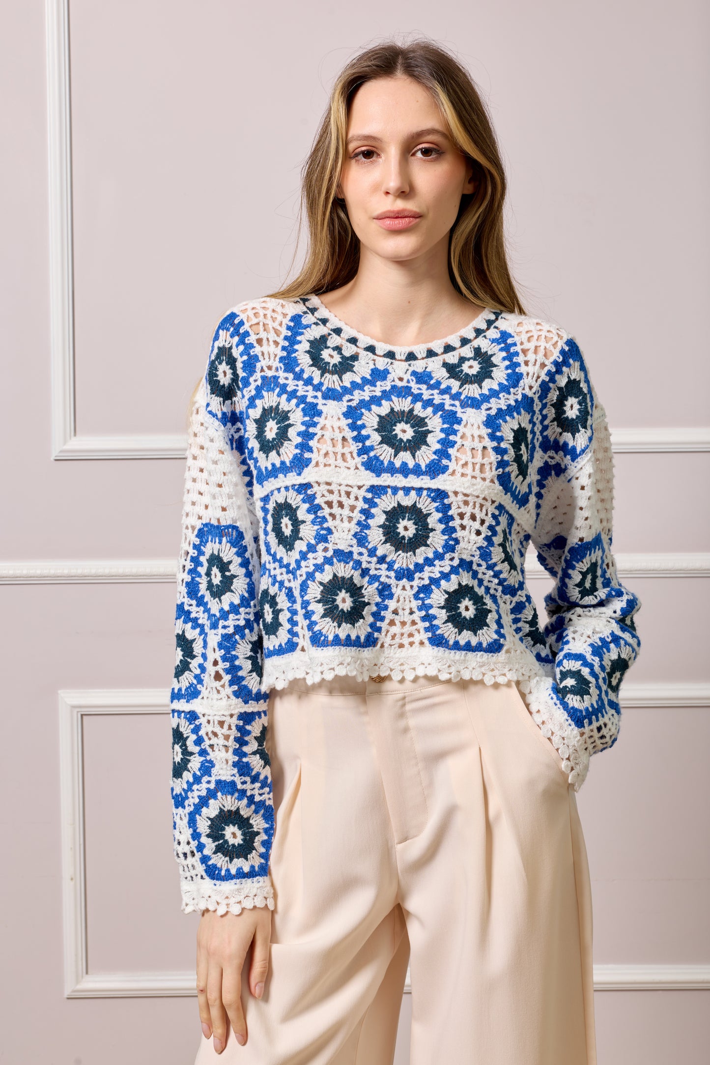 Paula Crochet Knit Top - Blue