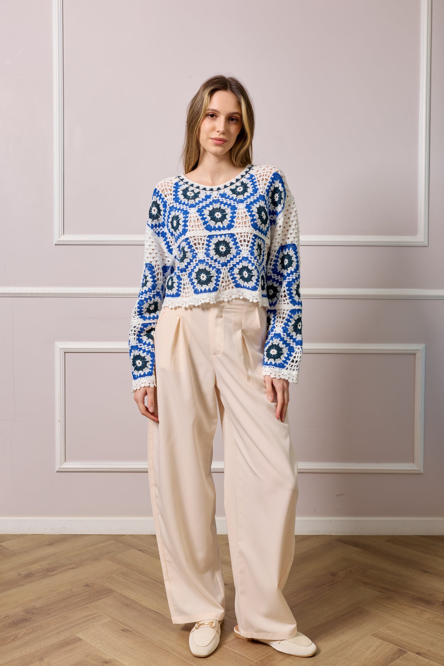 Paula Crochet Knit Top - Blue