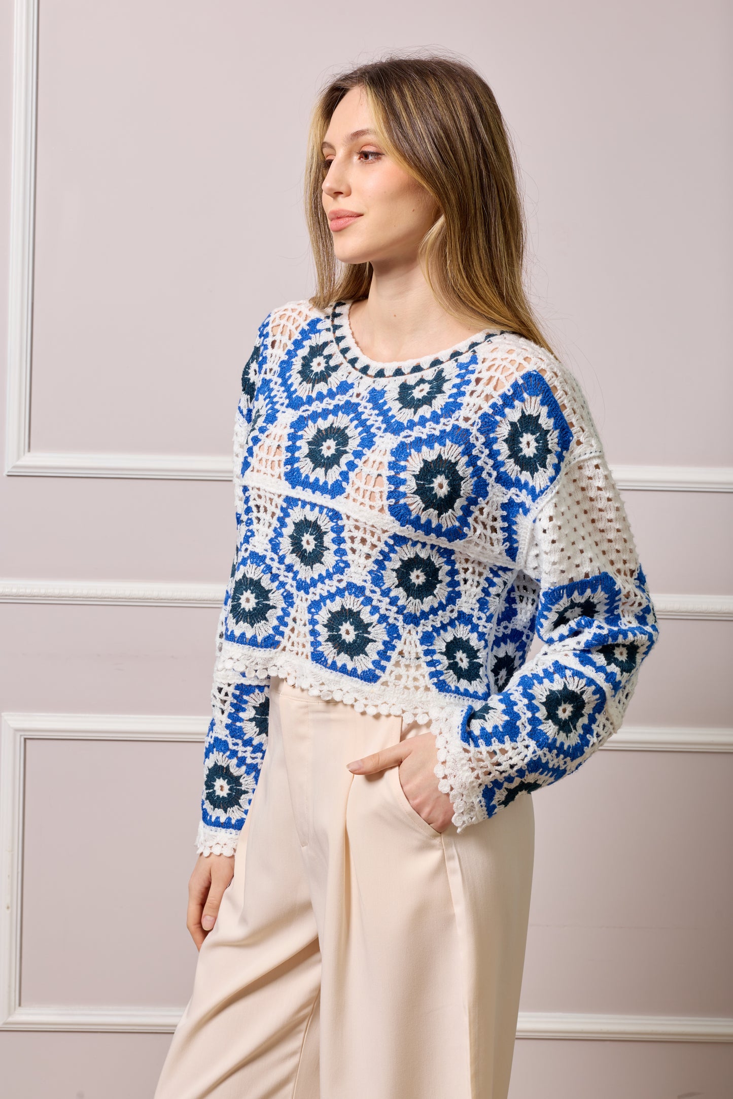 Paula Crochet Knit Top - Blue