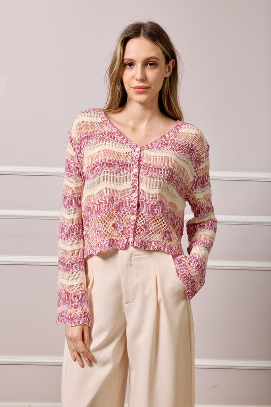 Emma Crochet Knit Cardigan - Pink