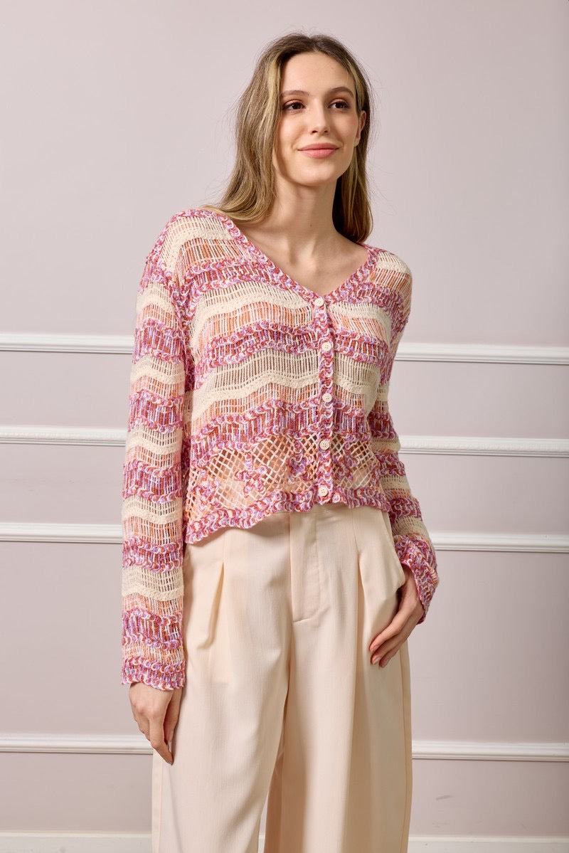 Emma Crochet Knit Cardigan - Pink