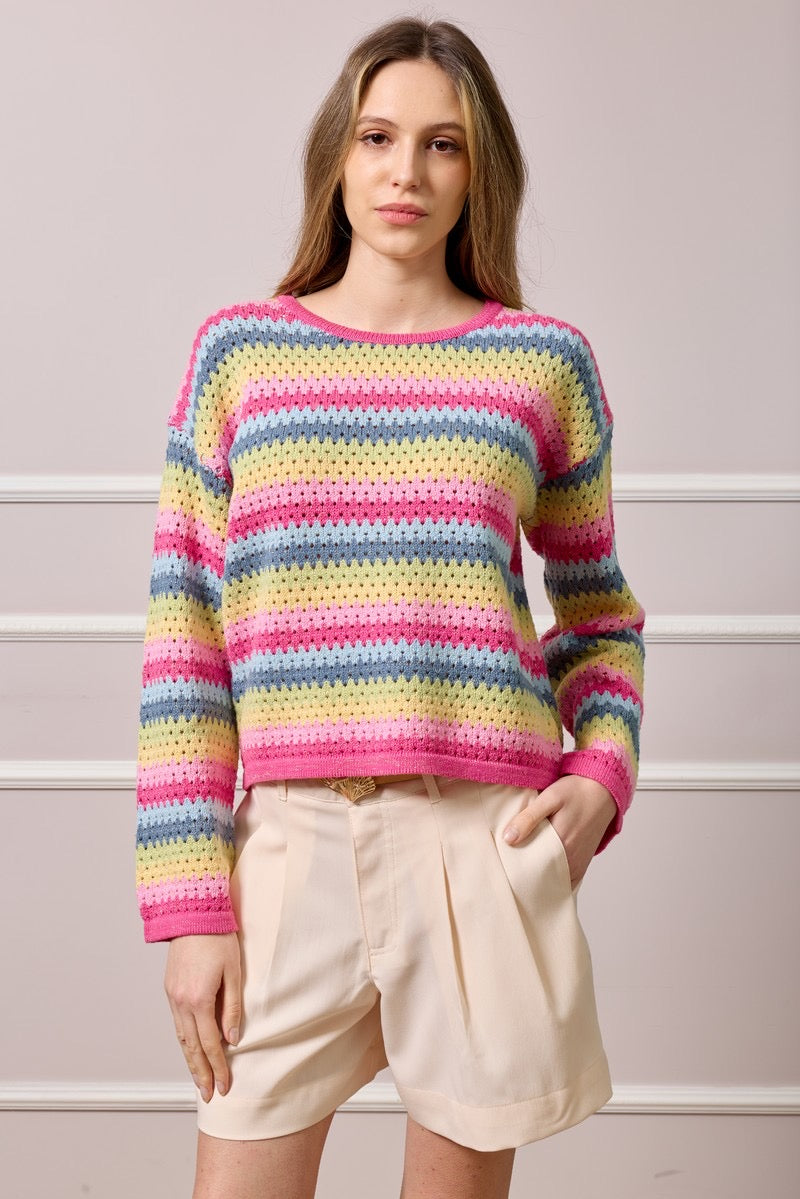 Rachel Striped Crochet Knit Top - Multicolour