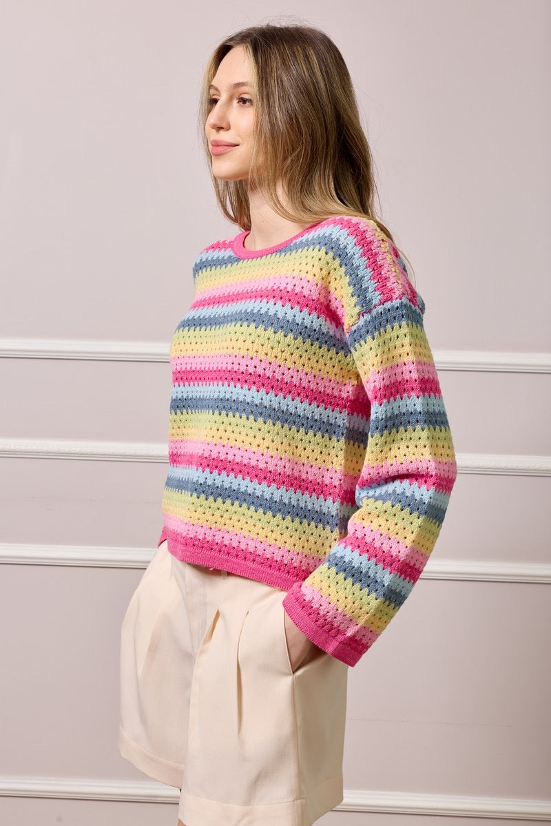 Rachel Striped Crochet Knit Top - Multicolour