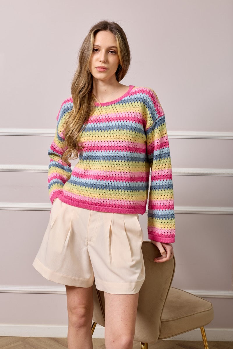 Rachel Striped Crochet Knit Top - Multicolour