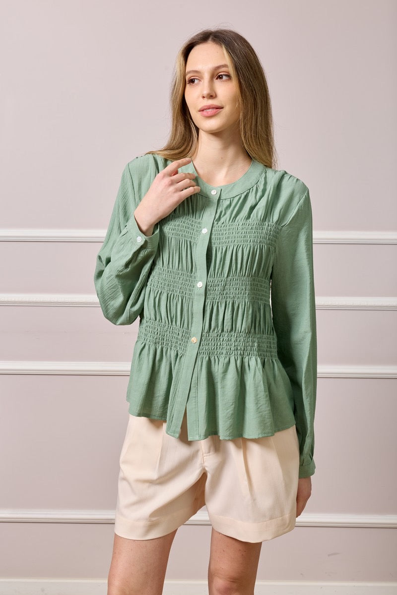 Barbara Pleated Waist Button Shirt - Green