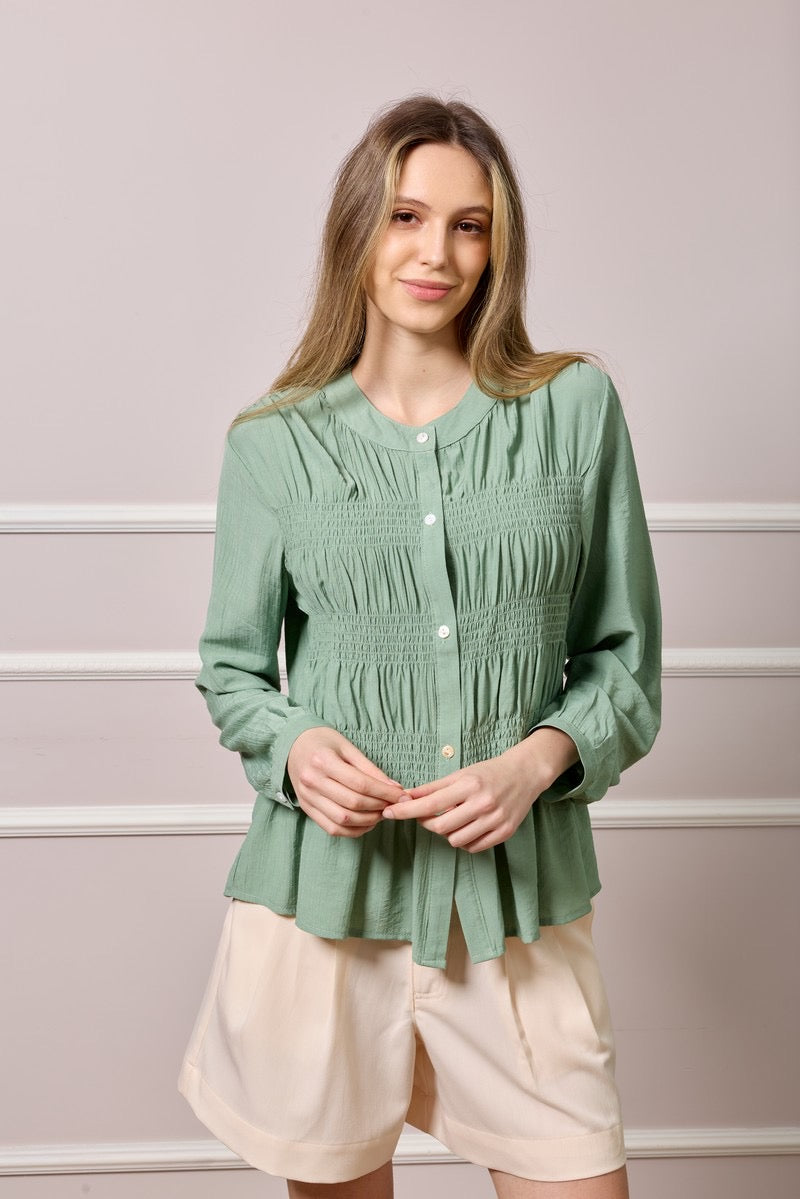 Barbara Pleated Waist Button Shirt - Green
