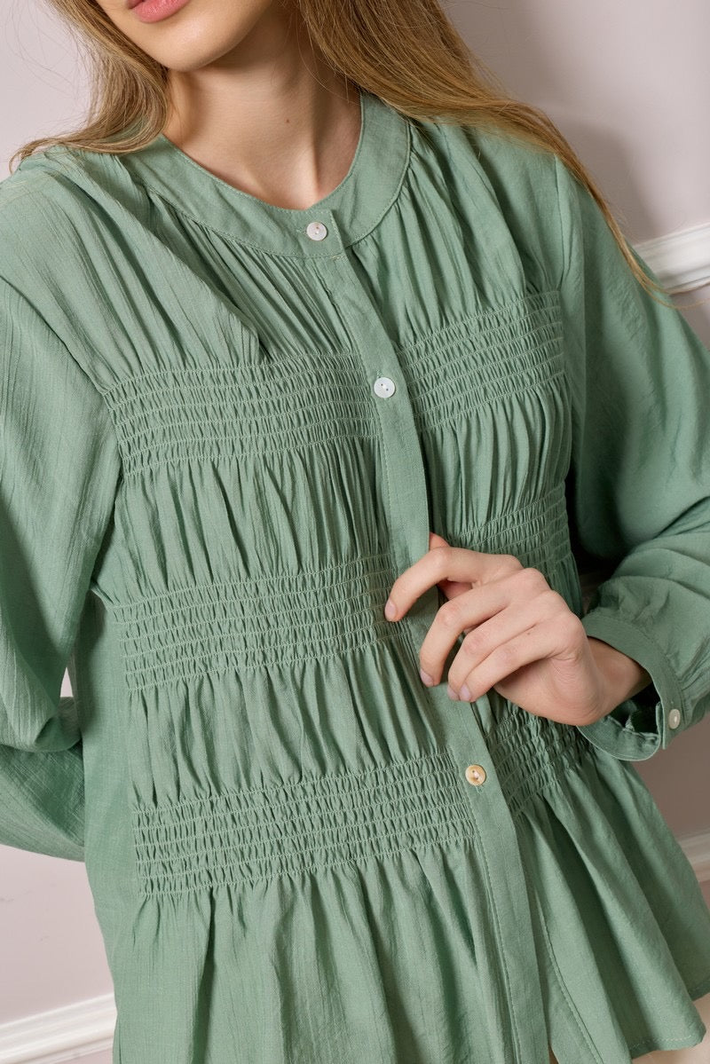 Barbara Pleated Waist Button Shirt - Green