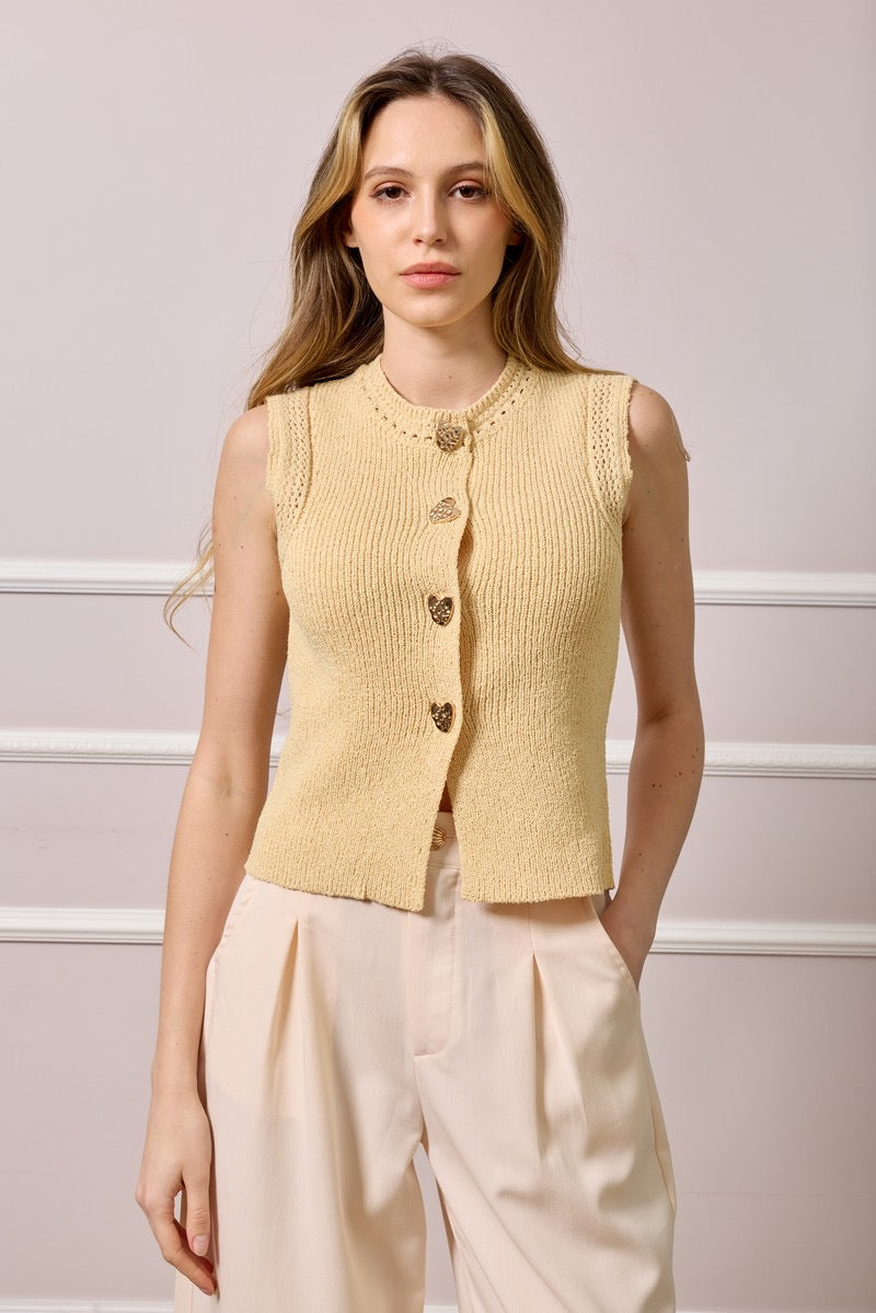 Sonya Knit Gilet with Heart Shaped Button - Light Yellow