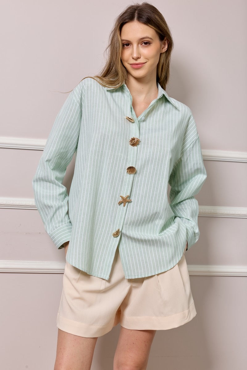 Clare Striped Button Up Shirt - Green