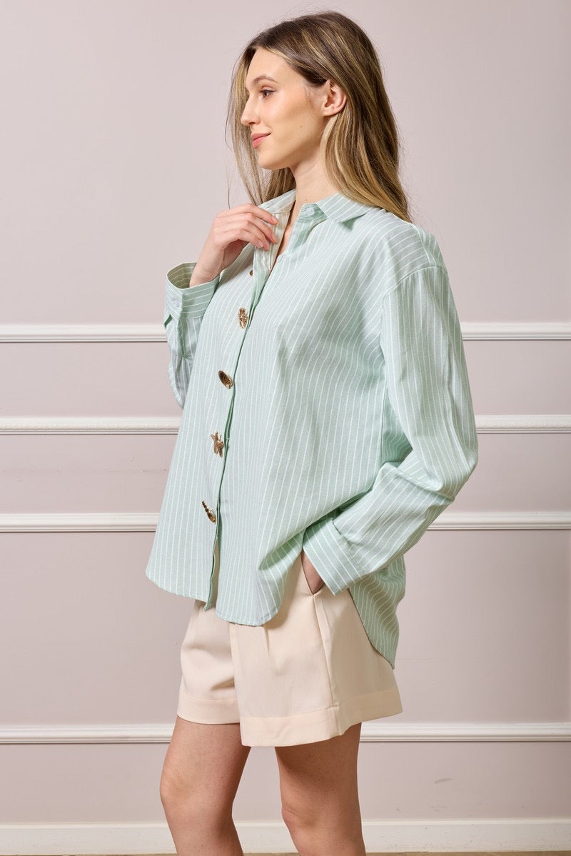 Clare Striped Button Up Shirt - Green
