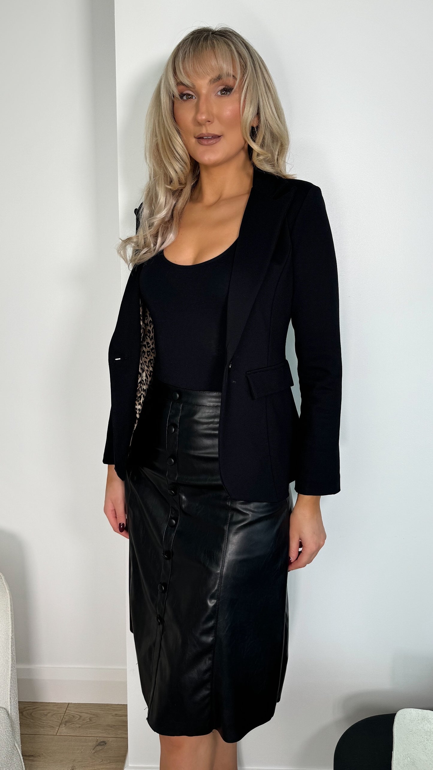 Sinead Black Blazer with Animal Print Details - Black