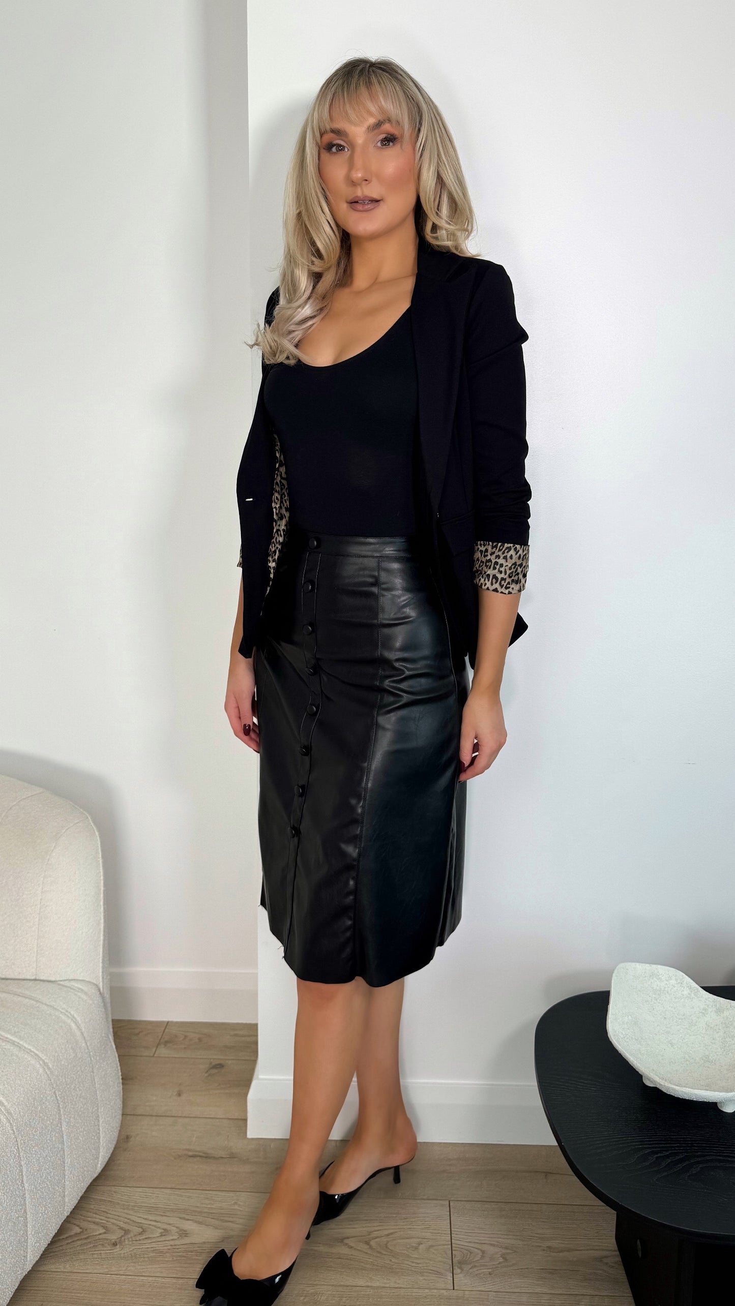 Beatrice Buttoned Leather Skirt - Black