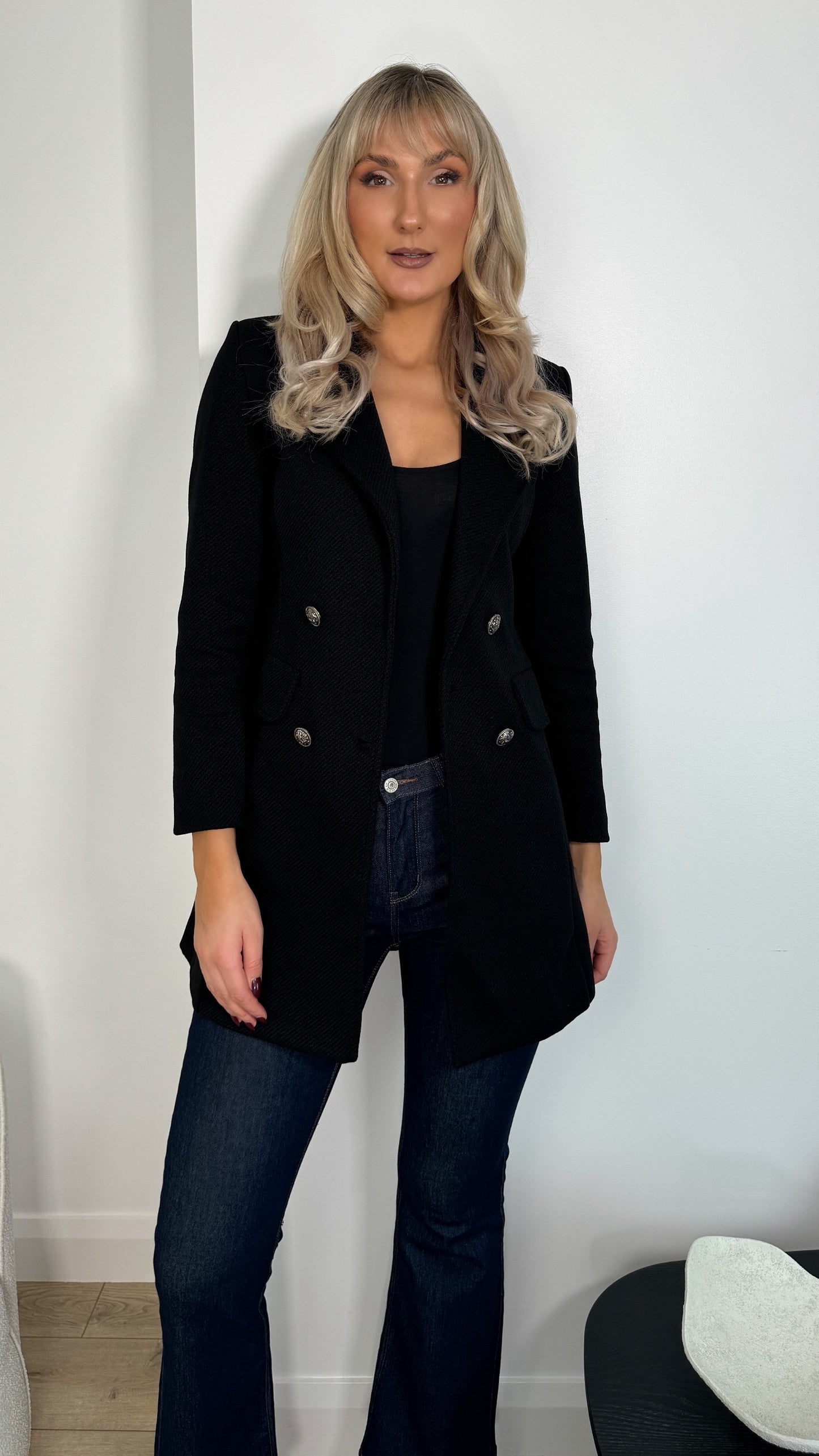 Frida Black Longline Blazer with Buttons