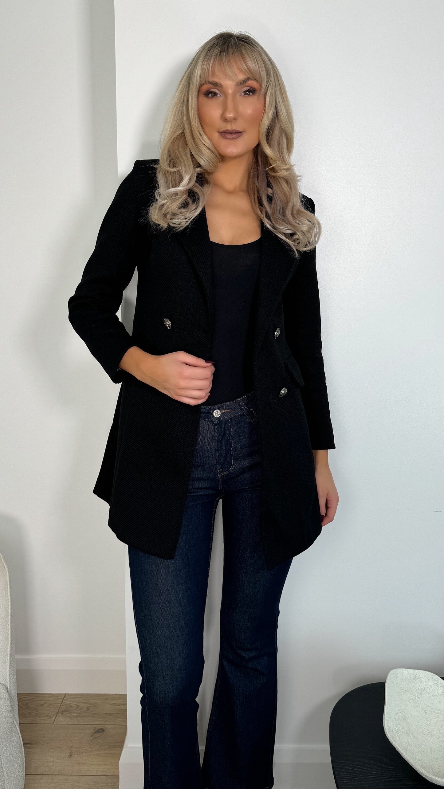 Frida Black Longline Blazer with Buttons