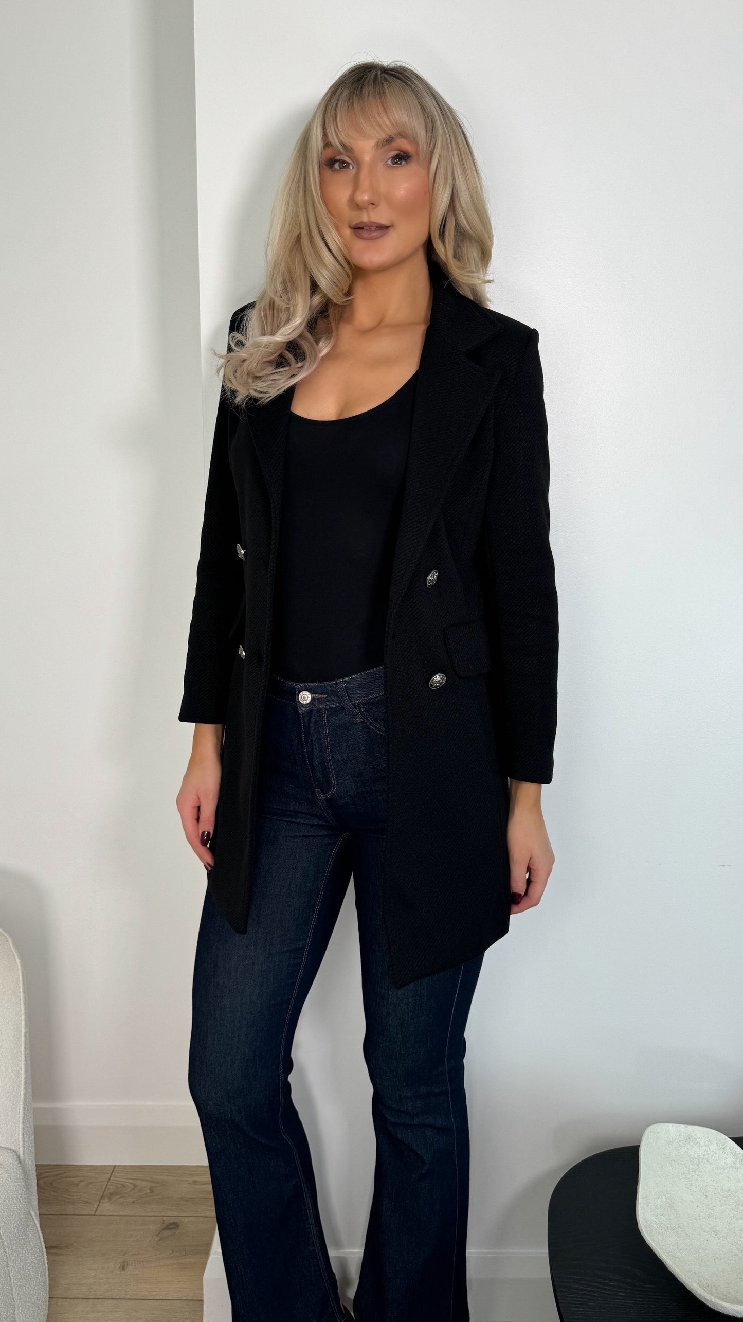 Frida Black Longline Blazer with Buttons