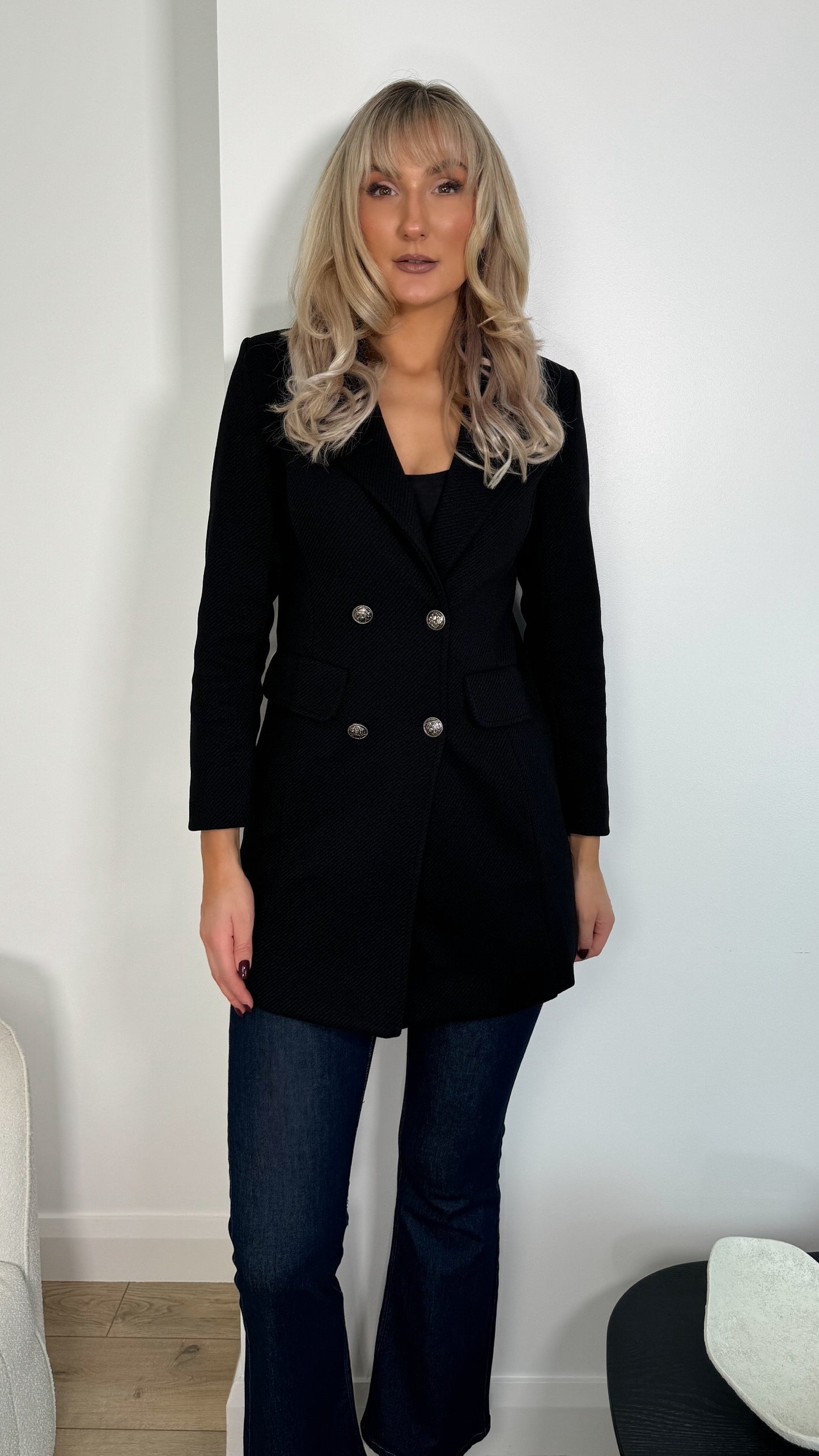 Frida Black Longline Blazer with Buttons