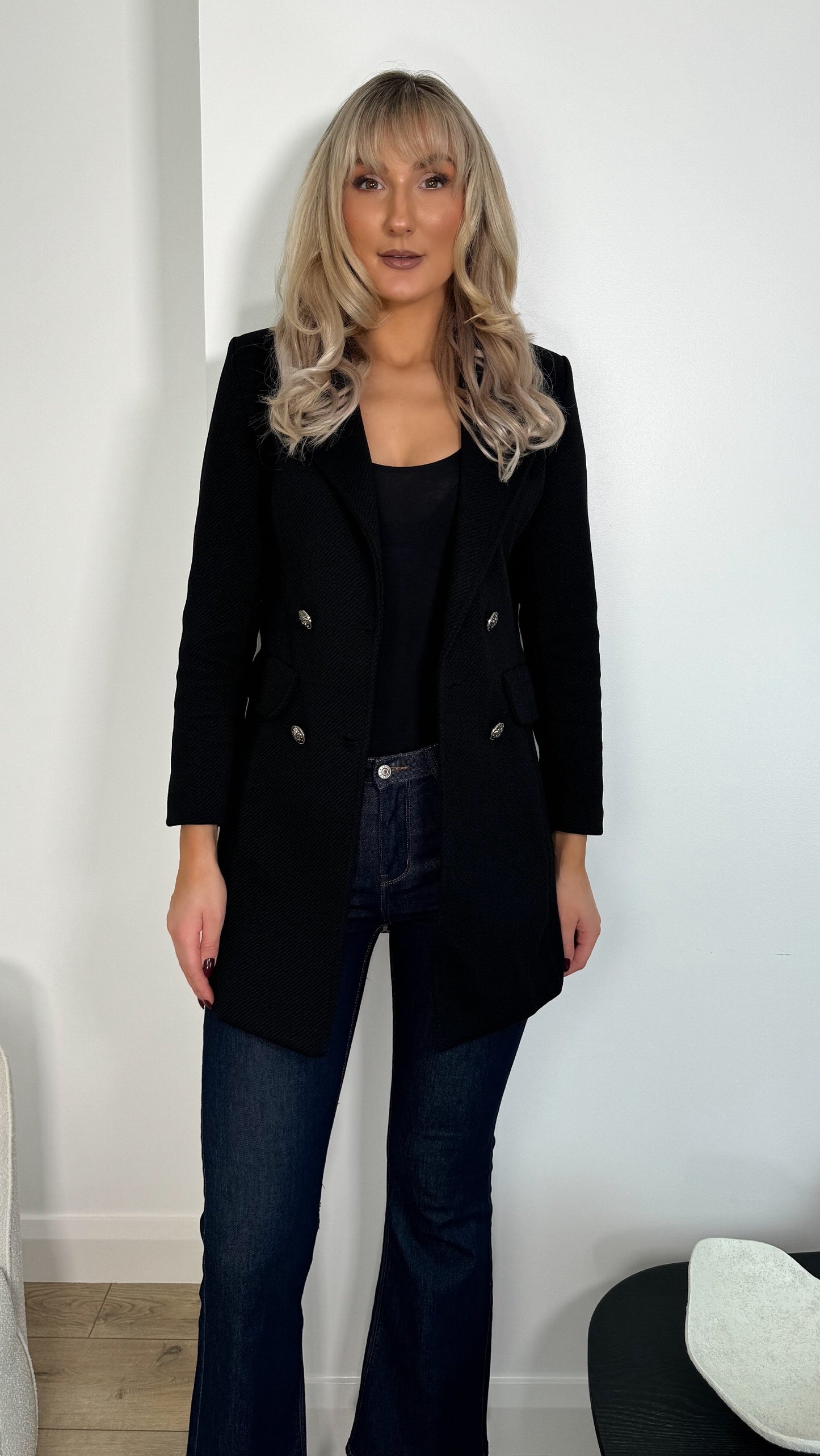 Frida Black Longline Blazer with Buttons