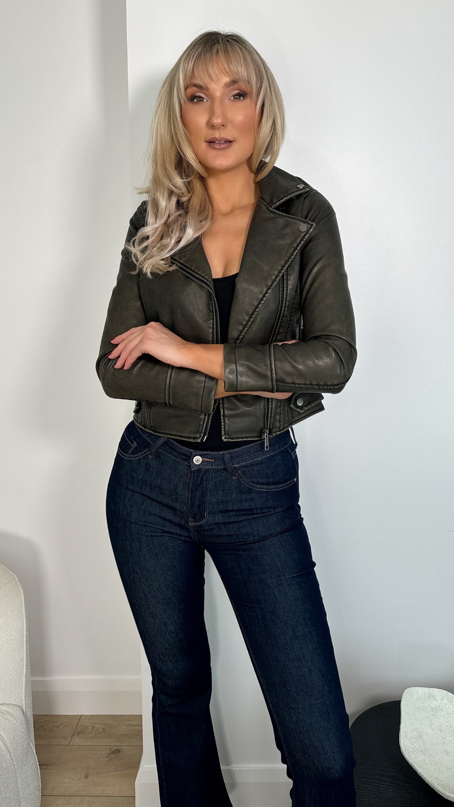 Jess Faux Leather Jacket - Khaki