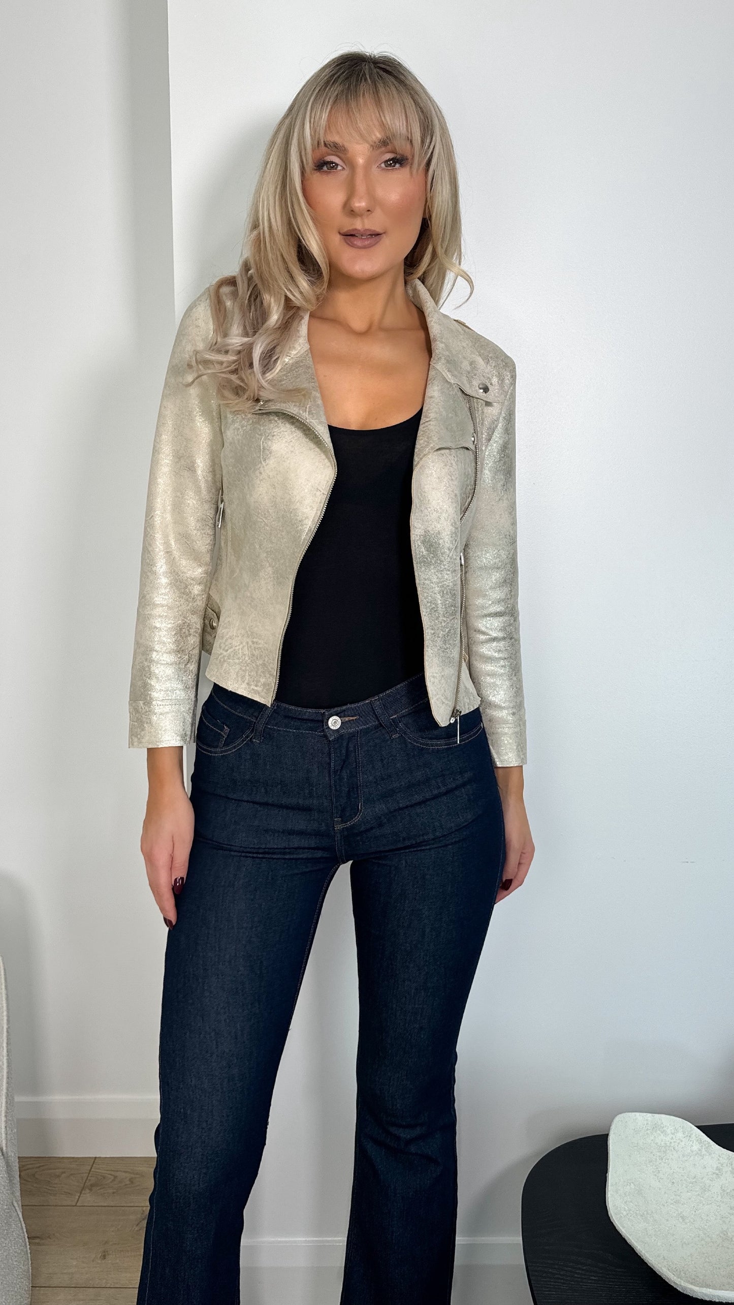 Metallic Faux Leather Jacket with Pockets - Gold