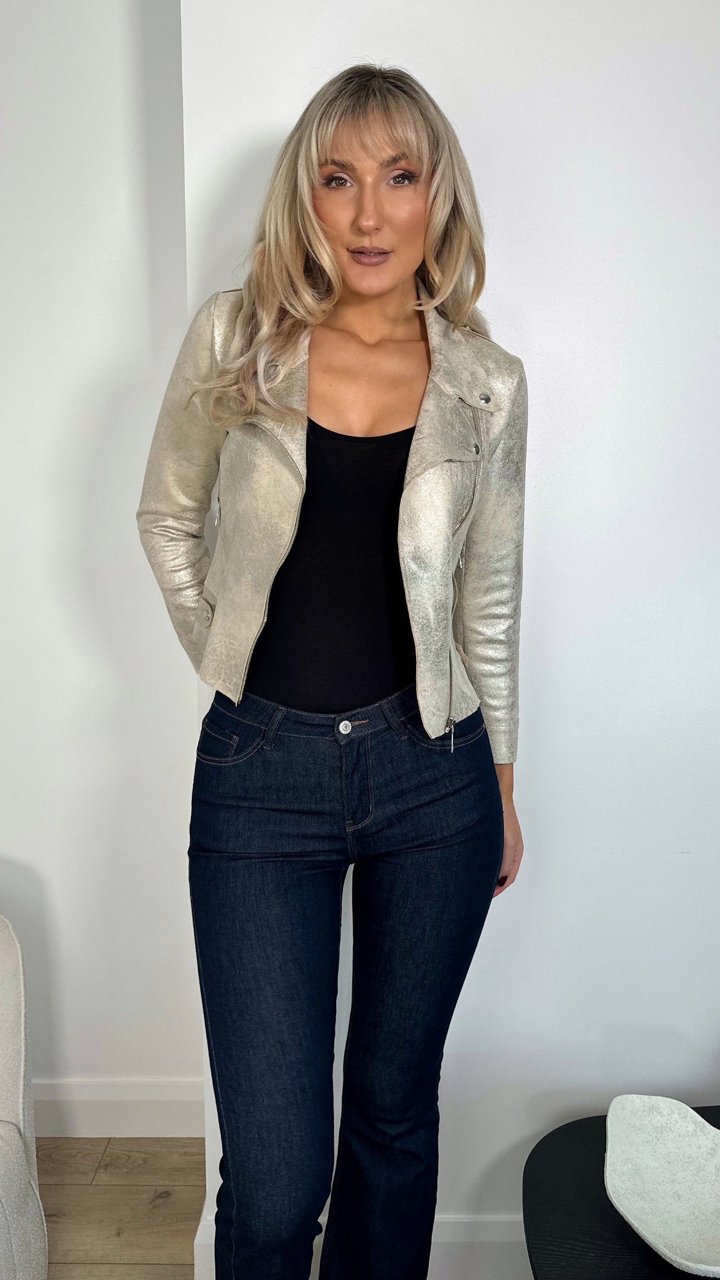 Metallic Faux Leather Jacket with Pockets - Gold