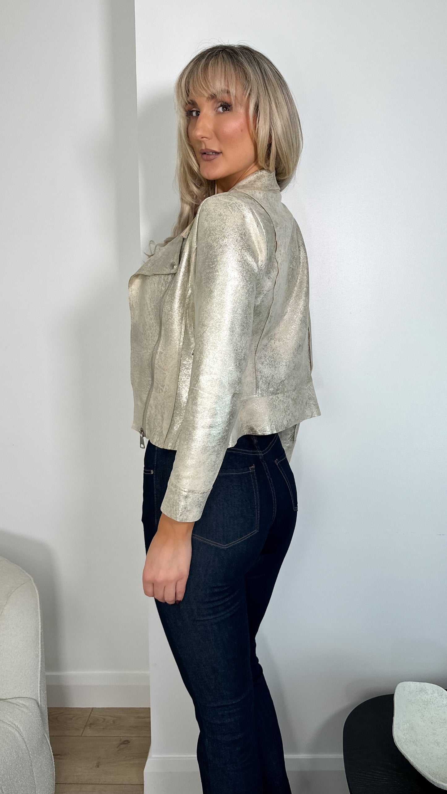 Metallic Faux Leather Jacket with Pockets - Gold