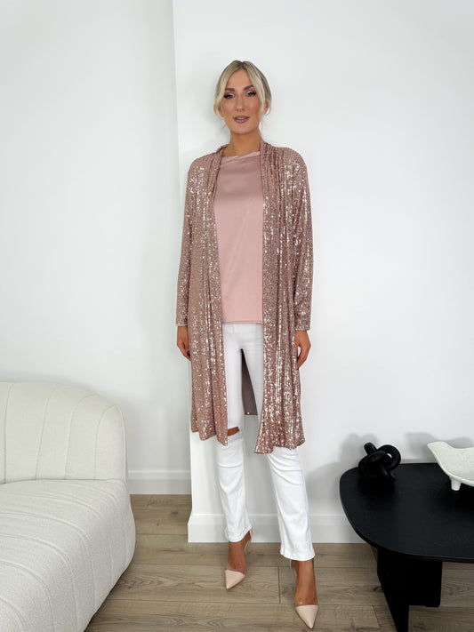 Nadia Sequin Longline Cardigan - Rose Gold