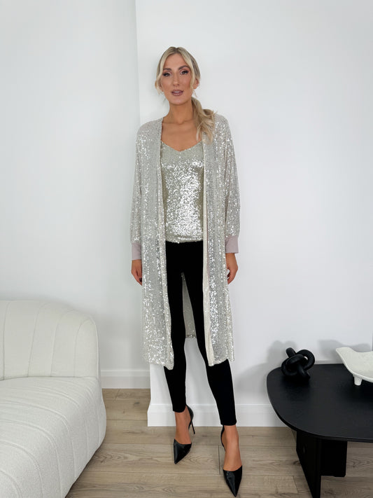 Sequin Longline Cardigan with Ribbed Cuff - Silver