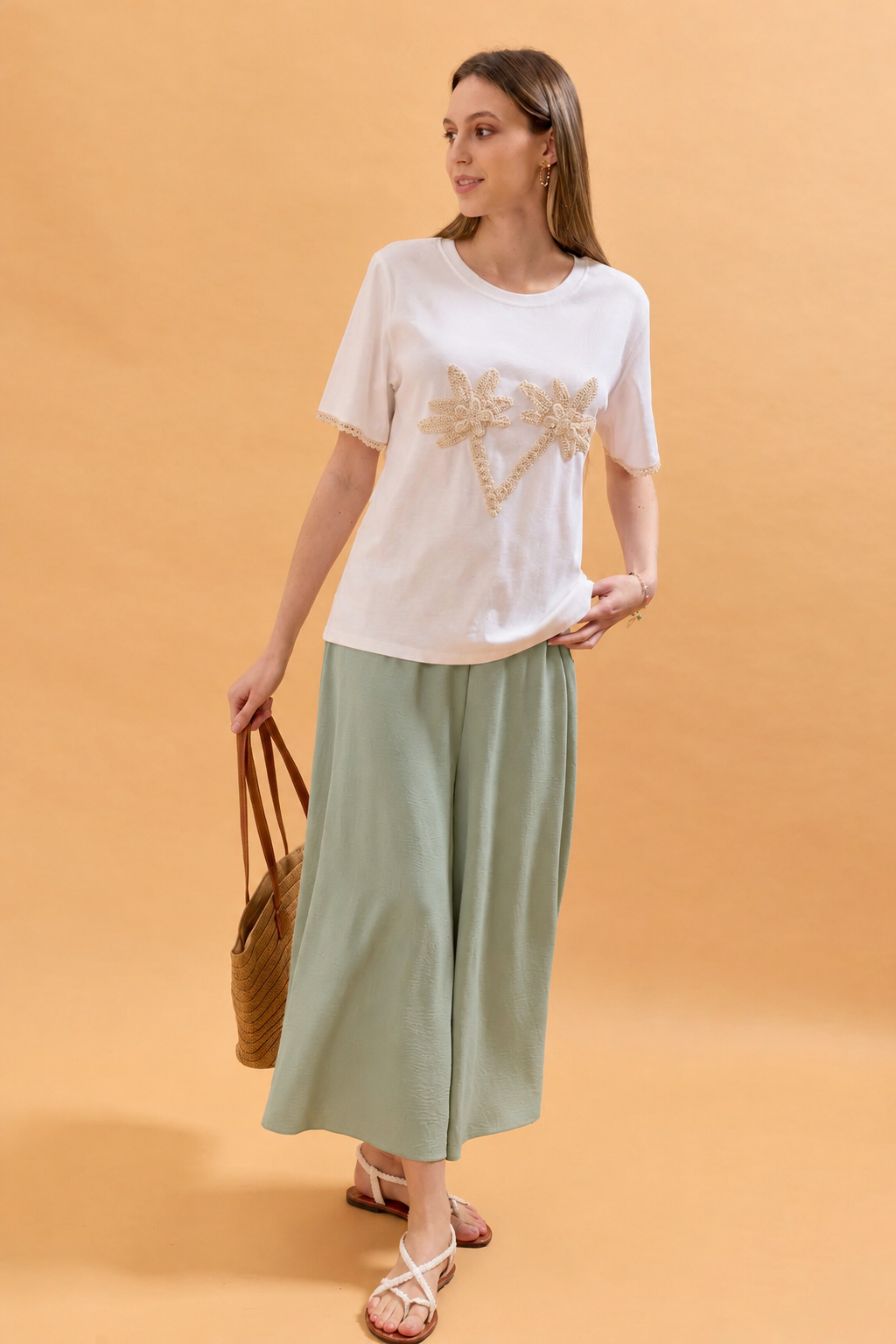 Deborah Wide Leg Capri Pants with Elasticated High Waist - Green