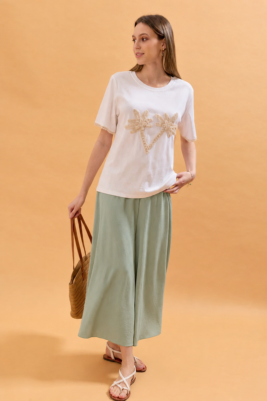 Deborah Wide Leg Capri Pants with Elasticated High Waist - Green