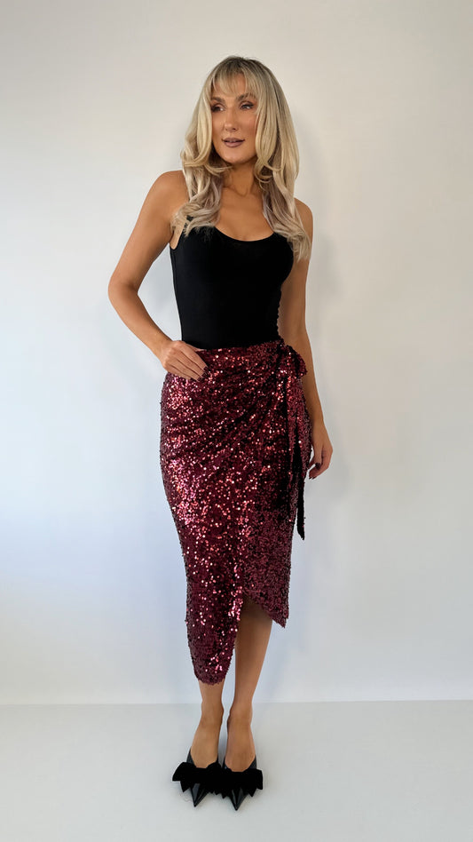 Siobhan Wrap Sequin Skirt - Wine