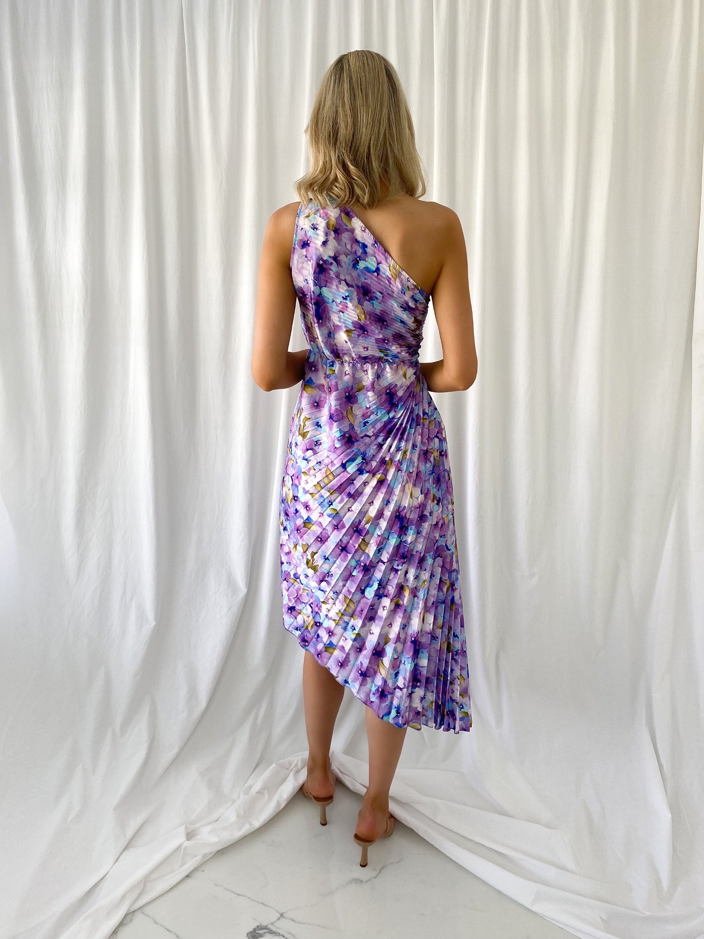 Margaret One Shoulder Draped Floral Dress - Purple and Blue