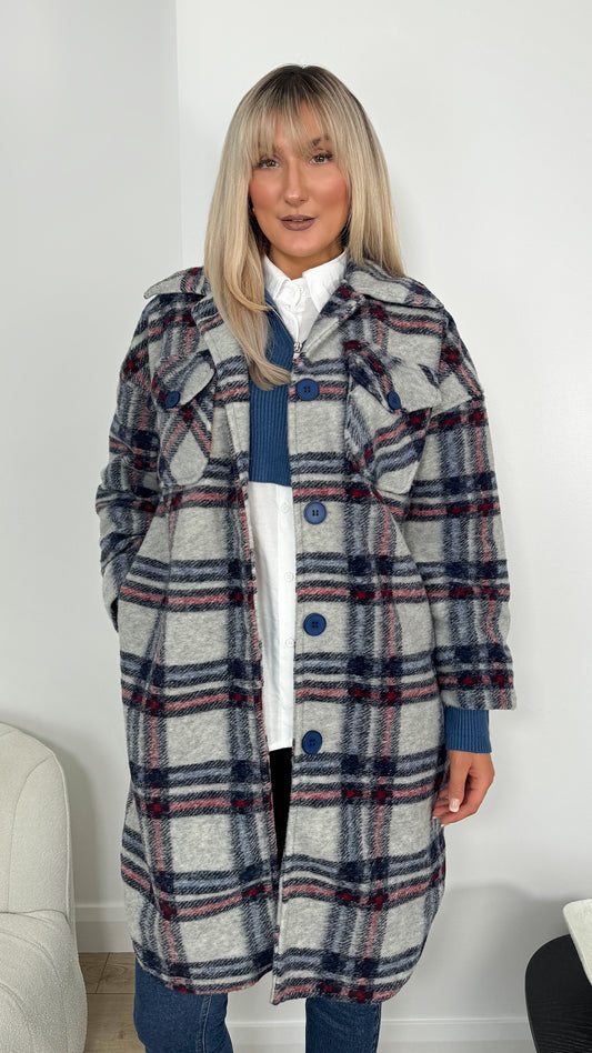 Bia Oversized Check Coat - Blue