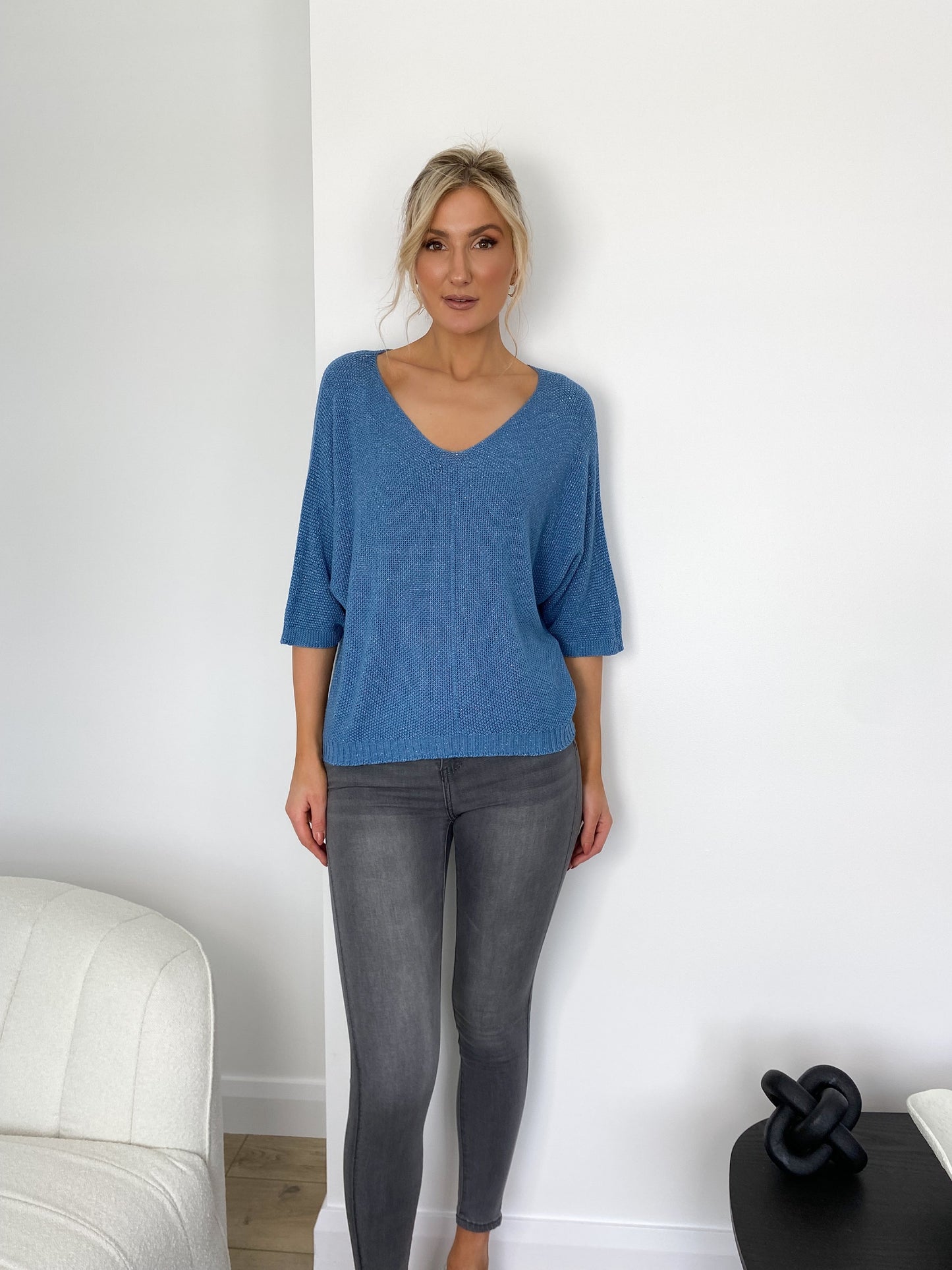 Helen Knit Top with Midi Sleeves - Blue