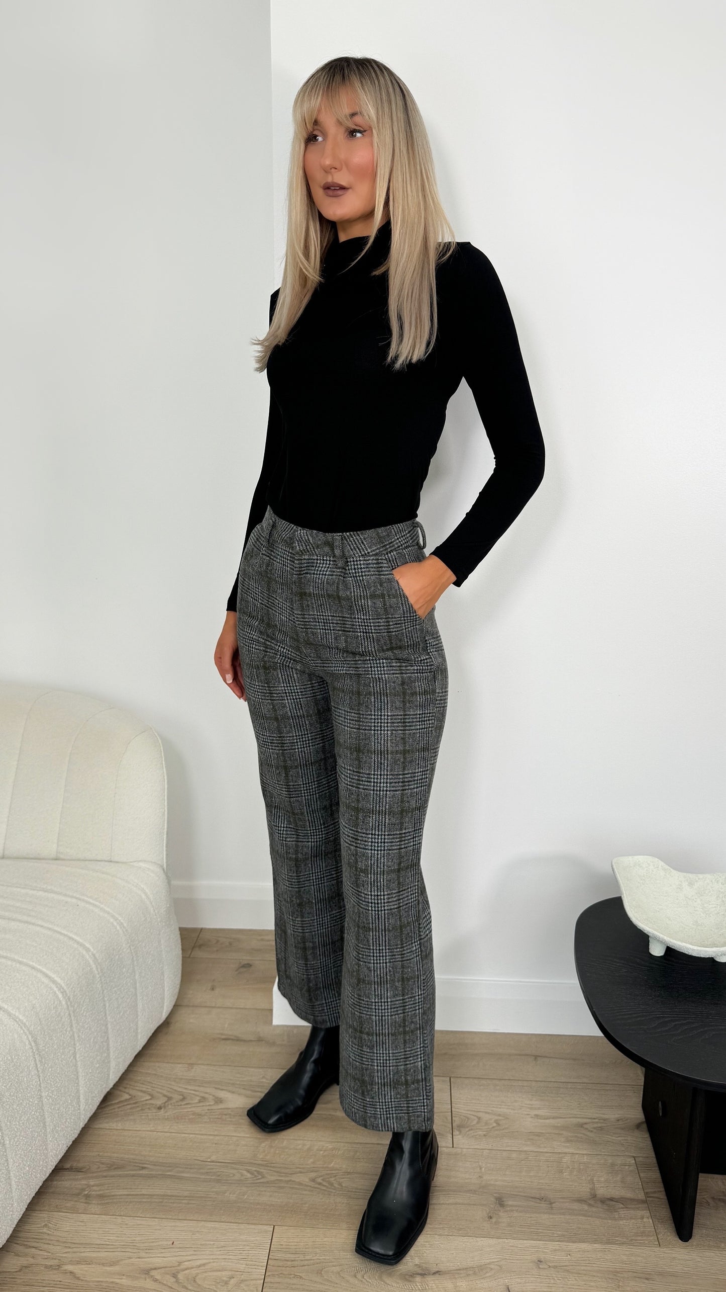 Tailored Check Wool Trousers - Grey