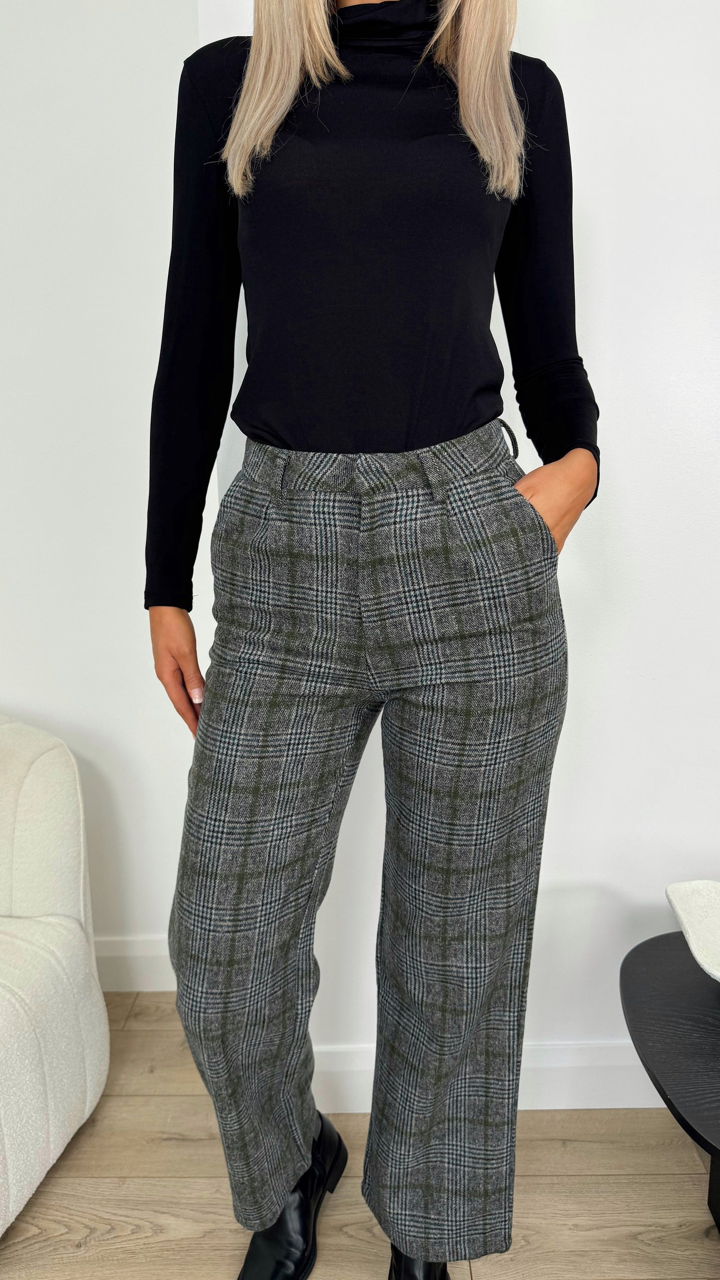 Tailored Check Wool Trousers - Grey