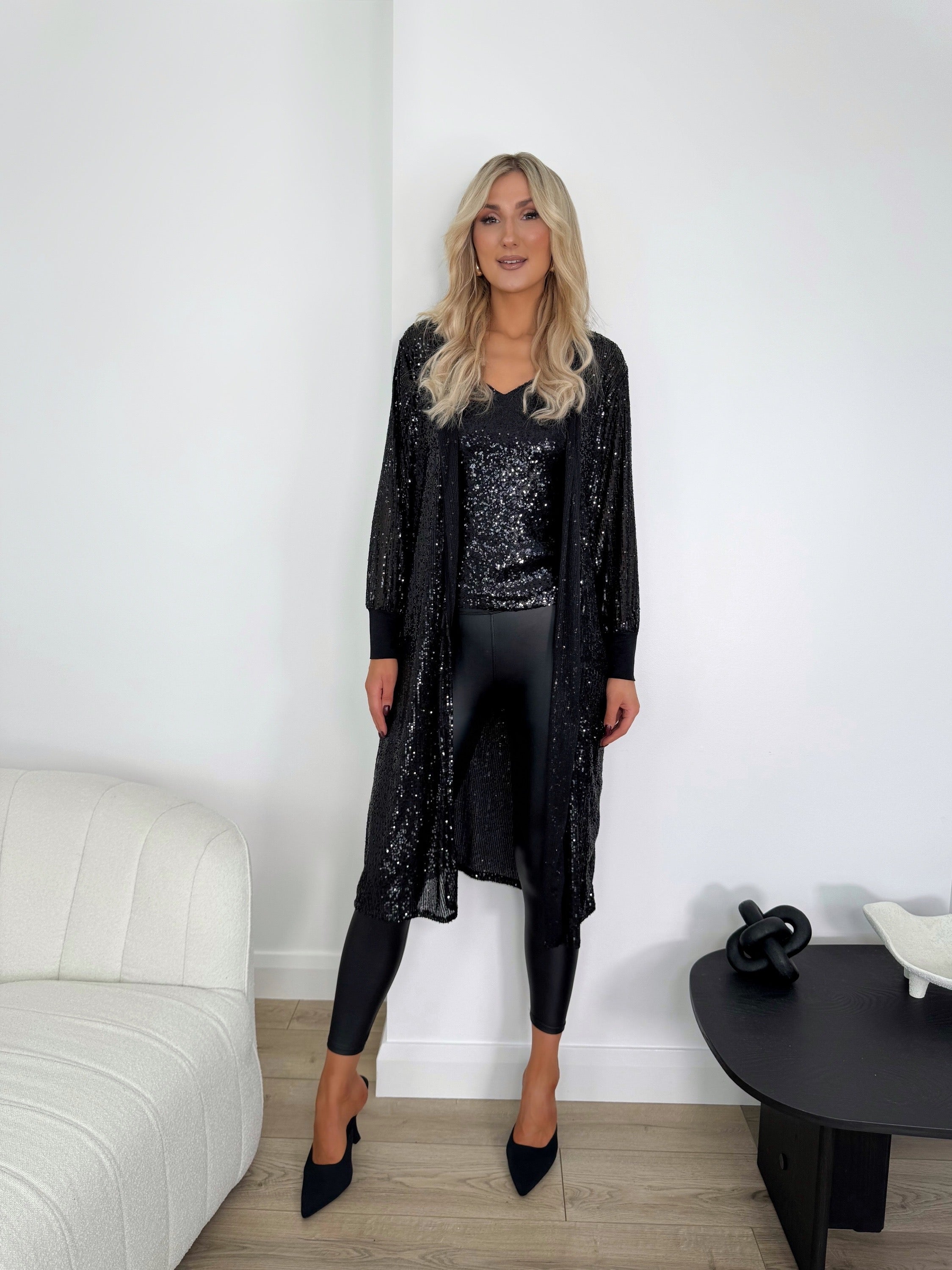 Sequin Longline Cardigan with Ribbed Cuff Black Fridays Edit